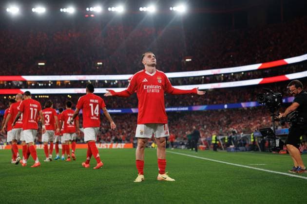 Kerem Akturkoglu seen celebrating after scoring goal during UEFA Champions League game between teams of SL Benfica and Atletico de Madrid (Maciej Rogowski) Lisboa Estadio Da Luz Portugal Copyright: xMaciejxRogowskix slbatleti24525-5
