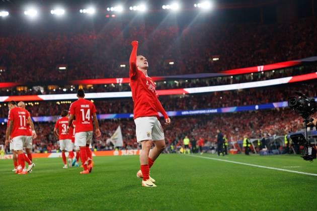 Kerem Akturkoglu seen celebrating after scoring goal during UEFA Champions League game between teams of SL Benfica and Atletico de Madrid (Maciej Rogowski) Lisboa Estadio Da Luz Portugal Copyright: xMaciejxRogowskix slbatleti24525-6