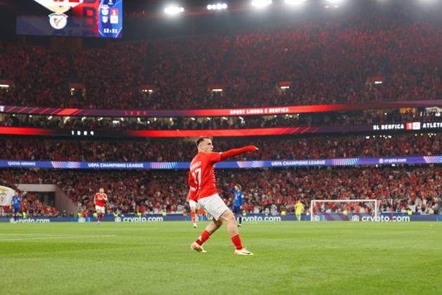 Kerem Akturkoglu seen celebrating after scoring goal during UEFA Champions League game between teams of SL Benfica and Atletico de Madrid (Maciej Rogowski) Lisboa Estadio Da Luz Portugal Copyright: xMaciejxRogowskix slbatleti24525