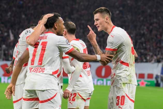 GER, Saxony, Leipzig, RB Leipzig vs Juventus Turin, Champions League, CHL, UCL, Matchday, Season 2024 2025, RB Arena, f l in picture Benjamin Sesko RB Leipzig 30 , celebrates his goal, goal, hit, cheer, goal celebration, joy, enthusiasm, celebrates, to 1 0, 02 10 2024, Copyright: HMBxMedia UwexKoch