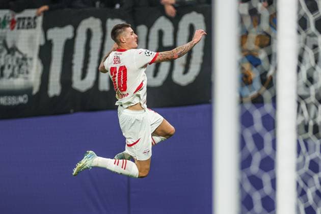 02 10 2024, Football, Season 2024 2025, Champions League, Matchday 2, RB Leipzig Juventus Turin, Benjamin Sesko RB Leipzig celebrates after his goal to make it 1 - 0 Leipzig RB Arena Saxony Germany xRHR PHOTO TRx Copyright: TimxRehbein RHR-FOTOx RHR-FOTO TR