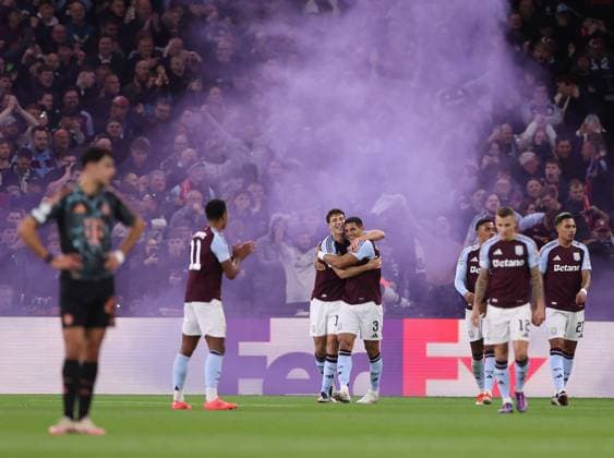 Birmingham, England, 2nd October 2024. Pau Torres of Aston Villa celebrates before his goal is disallowed after a VAR check during the UEFA Champions League match at Villa Park, Birmingham. Picture credit should read: Cameron Smith Sportimage EDITORIAL USE ONLY. No use with unauthorised audio, video, data, fixture lists, club league logos or live services. Online in-match use limited to 120 images, no video emulation. No use in betting, games or single club league player publications. SPI-3354-0040