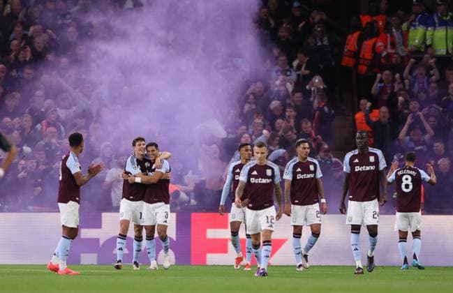 Birmingham, England, 2nd October 2024. Pau Torres of Aston Villa celebrates before his goal is disallowed after a VAR check during the UEFA Champions League match at Villa Park, Birmingham. Picture credit should read: Cameron Smith Sportimage EDITORIAL USE ONLY. No use with unauthorised audio, video, data, fixture lists, club league logos or live services. Online in-match use limited to 120 images, no video emulation. No use in betting, games or single club league player publications. SPI-3354-0041