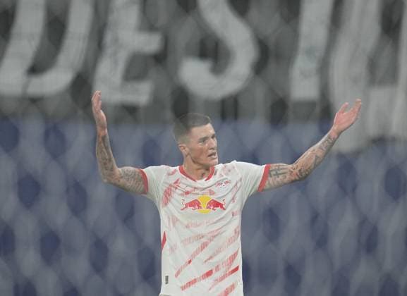 October 02 2024: Benjamin A eAÂ¡ko of Leipzig celebrates the teams first goal during a Champions League Group Phase day 2 game, RB Leipzig vs Juventus, at Red Bull Arena, Leipzig, Germany. CSM Leipzig Germany - ZUMAc04_ 20241002_zma_c04_006 Copyright: xUlrikxPedersenx