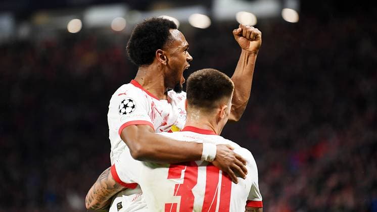 Soccer UEFA Champions League, season 2024 2025, group stage, match day 2, at the match RB Leipzig vs Juventus Turin 02 10 2024 goalscorer Benjamin Sesko Mittelstuermer RB Leipzig, back number 30, 30 right scores the goal for 1 0 at the match RB Leipzig vs Juventus Turin 02 10 2024 and celebrates the goal with Lois Openda Mittelstuermer RB Leipzig, back number 11, 11 left Leipzig Saxony Germany Red Bull Arena