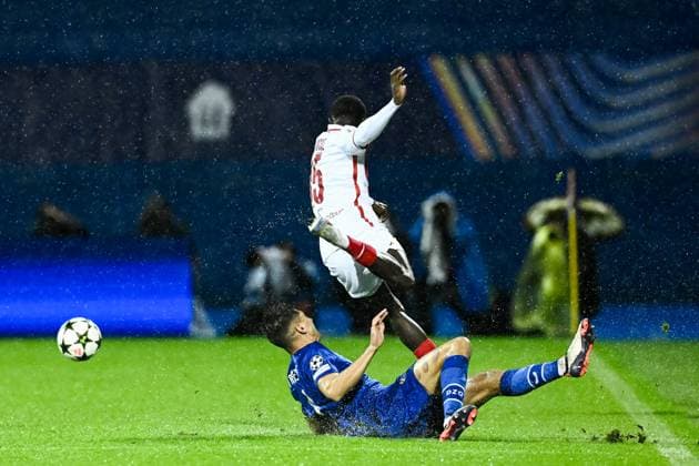 GNK Dinamo v AS Monaco - UEFA Champions League 2024 25 League Phase MD2 ZAGREB, CROATIA - OCTOBER 2: Lamine Camara of Monaco in action against Raul Torrente of Dinamo Zagreb during UEFA Champions League 2024 25 League Phase MD2 match between GNK Dinamo v AS Monaco at Maksimir Stadion on October 2, 2024 in Zagreb, Croatia.  MarkoxLukunic PIXSELL