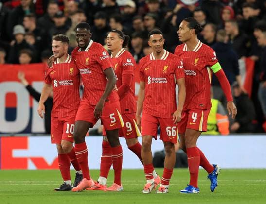 2nd October 2024; Anfield, Liverpool, Merseyside, England; Champions League Football, Liverpool versus Bologna; Alexis MacAllister of Liverpool celebrates after scoring the opening goal after 11 minutes  ActionPlus12699156 DavidxBlunsden