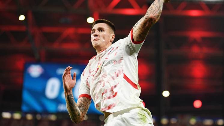 Soccer UEFA Champions League, season 2024 2025, group stage, match day 2, at the match RB Leipzig vs Juventus Turin 02 10 2024 goalscorer Benjamin Sesko center forward RB Leipzig, back number 30, 30 re scores to 1 0 at the match RB Leipzig vs Juventus Turin 02 10 2024 and celebrates the goal Leipzig Saxony Germany Red Bull Arena