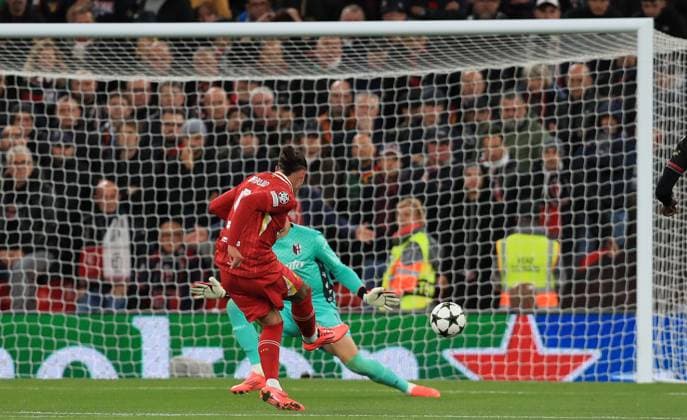 2nd October 2024; Anfield, Liverpool, Merseyside, England; Champions League Football, Liverpool versus Bologna; Darwin Nunez of Liverpool beats Bologna goalkeeper Lukasz Skorupski but his effort is ruled out for offside  ActionPlus12699158 DavidxBlunsden