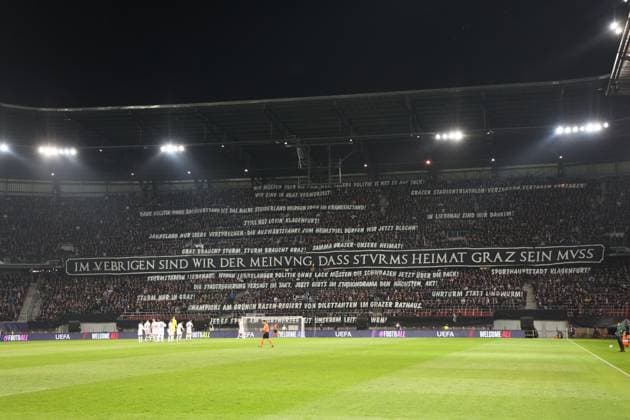 SOCCER - UEFA CL, Sturm vs Brugge KLAGENFURT,AUSTRIA,02.OCT.24 - SOCCER - UEFA Champions League, SK Sturm Graz vs Club Brugge. Image shows fans of Sturm with banners.  GEPAxpictures xChrisxBauer