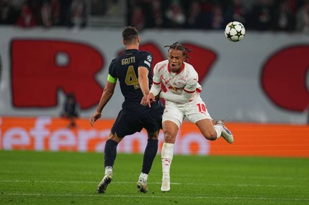 October 02 2024: Federico Gatti of Juventus and Xavi Simons of Leipzig battle for the ball during a Champions League Group Phase day 2 game, RB Leipzig vs Juventus, at Red Bull Arena, Leipzig, Germany. CSM Leipzig Germany - ZUMAc04_ 20241002_zma_c04_014 Copyright: xUlrikxPedersenx