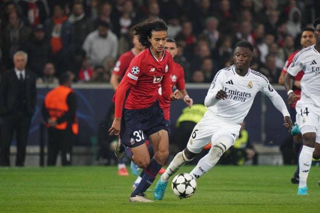 Ayyoub Bouaddi of Lille and Eduardo Camavinga of Real Madrid Lille v Real Madrid, UEFA Champions League, Group Stage, Football, Pierre Mauroy Stadium, Lille, France, 02 Oct 2024 EDITORIAL USE ONLY No use with unauthorised audio, video, data, fixture lists, club league logos or live services. Online in-match use limited to 120 images, no video emulation. No use in betting, games or single club league player publications. Copyright: xDavexWinter Shutterstockx 14750773bg