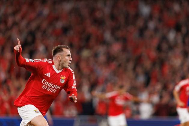 Kerem Akturkoglu seen celebrating after scoring goal during UEFA Champions League game between teams of SL Benfica and Atletico de Madrid (Maciej Rogowski) Lisboa Estadio Da Luz Portugal Copyright: xMaciejxRogowskix slbatleti24525-10