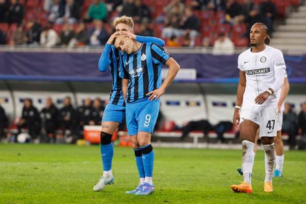 Sturm Graz v Club Brugge - UEFA Champions League KLAGENFURT, AUSTRIA - OCTOBER 02 : Jutgla Ferran forward of Club Brugge and Skoras Michal forward of Club Brugge pictured during the UEFA Champions League phase matchday 2 match between Sturm Graz and Club Brugge at the Worthersee Stadion on October 2, 2024 in Klagenfurt, Austria, 02 10 2024 Klagenfurt Austria  Copyright: xJanxDexMeuleneirx