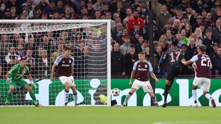 Birmingham, England, 2nd October 2024. Michael Olise of Bayern Munich has a shot on goal but fails to score during the UEFA Champions League match at Villa Park, Birmingham. Picture credit should read: Cameron Smith Sportimage EDITORIAL USE ONLY. No use with unauthorised audio, video, data, fixture lists, club league logos or live services. Online in-match use limited to 120 images, no video emulation. No use in betting, games or single club league player publications. SPI-3354-0052