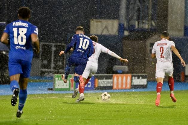 Martin Baturina of Dinamo Zagreb (2L) in action against Denis Zakaria of Monaco (2R) during the UEFA Champions League, League phase football match between Dinamo Zagreb and Monaco FOOTBALL : Dinamo Zagreb vs AS Monaco - UEFA Ligue des Champions 2024 2025 - 02 10 2024 IgorKupljenik Panoramic 