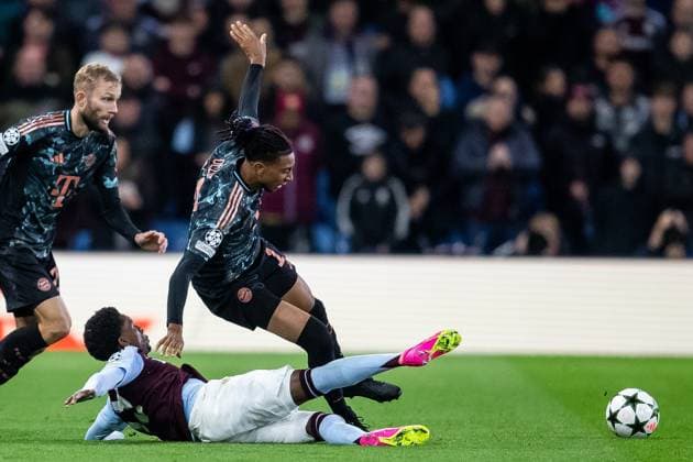 Aston Villa v Bayern Munich Champions League 02 10 2024. Bayern Munich midfielder Michael Olise (17) tackled by Aston Villa midfielder Jaden Philogene-Bidace (19) during the Champions League match between Aston Villa and Bayern Munich at Villa Park, Birmingham, England on 2 October 2024. Birmingham Villa Park West Midlands England Editorial use only , Copyright: xManjitxNarotrax PSI-20544-0031
