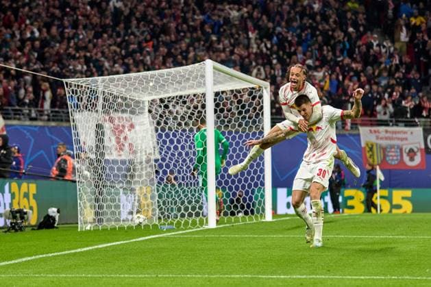 02 10 2024, Football, Men, Champions League, League phase, 2024 2025, Matchday 2, RB Leipzig Juventus Turin Xavi Simons 10, RB Leipzig and Benjamin Sesko 30, RB Leipzig , celebrating a goal after 2 1, penalty Leipzig Red Bull Arena Saxony Germany