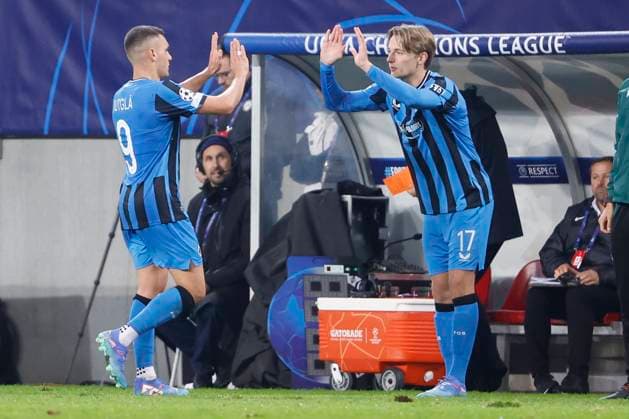 Sturm Graz v Club Brugge - UEFA Champions League KLAGENFURT, AUSTRIA - OCTOBER 02 : Jutgla Ferran forward of Club Brugge and Vermant Romeo forward of Club Brugge pictured during the UEFA Champions League phase matchday 2 match between Sturm Graz and Club Brugge at the Worthersee Stadion on October 2, 2024 in Klagenfurt, Austria, 02 10 2024 Klagenfurt Austria  Copyright: xJanxDexMeuleneirx