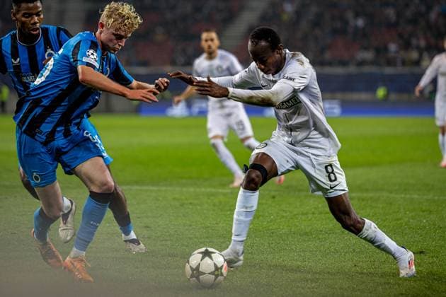 SOCCER - UEFA CL, Sturm vs Brugge KLAGENFURT,AUSTRIA,02.OCT.24 - SOCCER - UEFA Champions League, SK Sturm Graz vs Club Brugge. Image shows Joaquin Seys (Bruegge) and Malick Yalcouye (Sturm).  GEPAxpictures xMatthiasxTrinkl