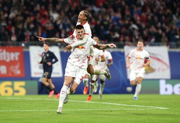 02 10 2024, Football UEFA Champions League 2024 2025, Matchday 2, RB Leipzig Juventus Turin, in the Red Bull Arena Leipzig cheering L R Goalscorer Benjamin Sesko RB Leipzig and Xavi Simons RB Leipzig to score the 2 1 goal from the penalty spot DFL and DFB regulations prohibit any use of photographs as image sequences and or quasi video