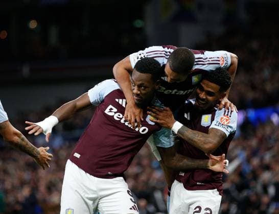 Jhon Duran (left) celebrates scoring the opening goal of the game with Youri Tielemans (top) and Ian Maatsen (right) Aston Villa v Bayern Munich, Football, UEFA Champions League, Villa Park, Birmingham, UK - 02 10 2024 Editorial use only  Copyright: xMattxImpey Shutterstockx 14752829bg