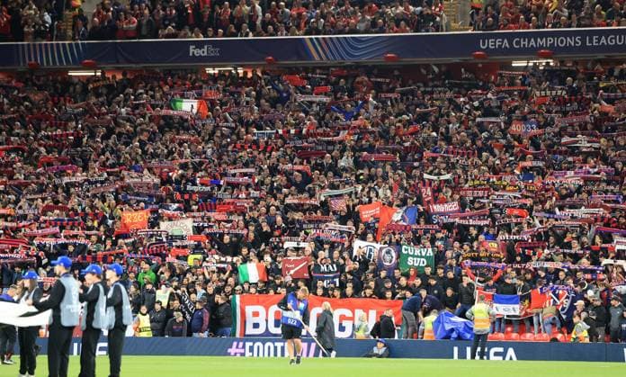 2nd October 2024; Anfield, Liverpool, Merseyside, England; Champions League Football, Liverpool versus Bologna; Bologna supporters display flags and scarves  ActionPlus12699197 DavidxBlunsden