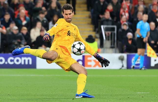 2nd October 2024; Anfield, Liverpool, Merseyside, England; Champions League Football, Liverpool versus Bologna; Liverpool goalkeeper Alisson Becker makers a long clearance  ActionPlus12699198 DavidxBlunsden
