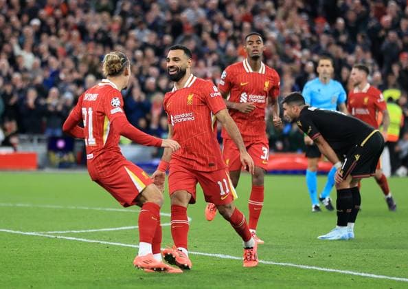 2nd October 2024; Anfield, Liverpool, Merseyside, England; Champions League Football, Liverpool versus Bologna; Mohammed Salah of Liverpool celebrates after scoring for 2-0 after 75 minutes  ActionPlus12699214 DavidxBlunsden