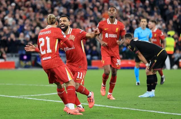 2nd October 2024; Anfield, Liverpool, Merseyside, England; Champions League Football, Liverpool versus Bologna; Mohammed Salah of Liverpool celebrates after scoring for 2-0 after 75 minutes  ActionPlus12699215 DavidxBlunsden