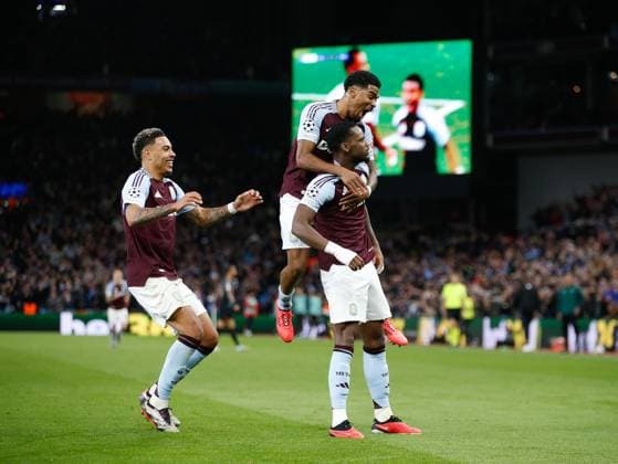 Jhon Duran celebrates scoring the opening goal of the game with Morgan Rogers (left) and Ian Maatsen (top) Aston Villa v Bayern Munich, Football, UEFA Champions League, Villa Park, Birmingham, UK - 02 10 2024 Editorial use only  Copyright: xMattxImpey Shutterstockx 14752829bj