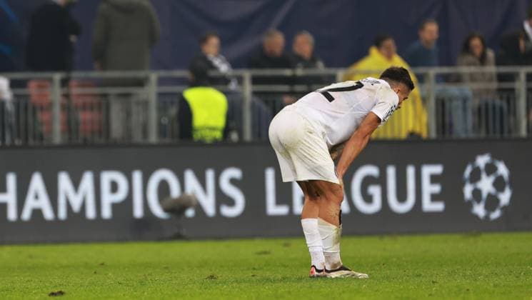 SOCCER - UEFA CL, Sturm vs Brugge KLAGENFURT,AUSTRIA,02.OCT.24 - SOCCER - UEFA Champions League, SK Sturm Graz vs Club Brugge. Image shows the disappointment of Jusuf Gazibegovic (Sturm).  GEPAxpictures xWolfgangxGrebien