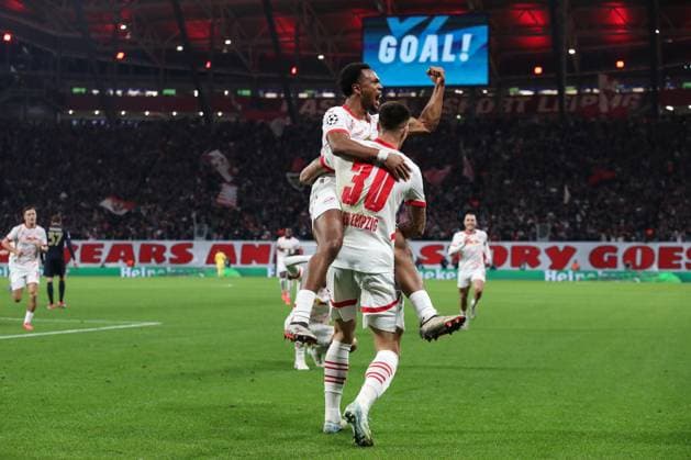 Goal celebration goal scorer Benjamin Sesko RB Leipzig,30 scores to 1 0 with Lois Openda RB Leipzig,11 Champions League league phase season 2024 2025 RB Leipzig vs Juventus Turin at the Red Bull Arena in Leipzig action,football,Germany,man,men,02 10 2024
