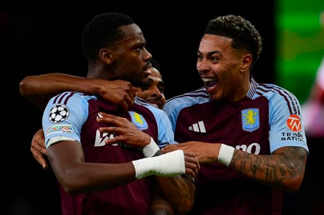 Aston Villa v Bayern Munich , Birmingham, UK - 02 Oct 2024 Goal celebrations for Jhon Duran of Aston Villa and Morgan Rogers of Aston Villa during the UEFA Champions League game between Aston Villa and Bayern Munich at Villa Park, Birmingham on 02 Oct 2024 Birmingham Villa Park Birmingham GBR Copyright: xGeorgexWass PPAUKx PPA-139879