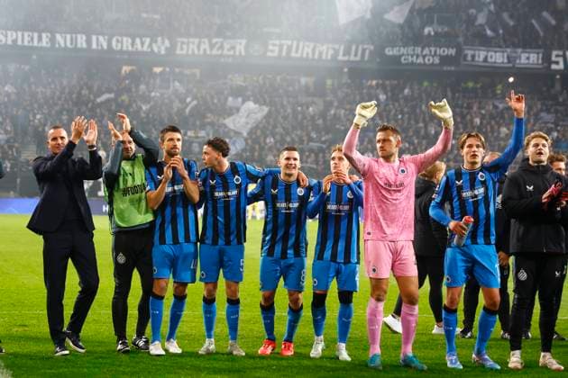 Sturm Graz v Club Brugge - UEFA Champions League KLAGENFURT, AUSTRIA - OCTOBER 02 : players of Club Brugge celebrate the victory during the UEFA Champions League phase matchday 2 match between Sturm Graz and Club Brugge at the Worthersee Stadion on October 2, 2024 in Klagenfurt, Austria, 02 10 2024 Klagenfurt Austria  Copyright: xJanxDexMeuleneirx