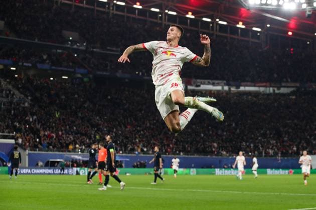 Goal celebration goal scorer Benjamin Sesko RB Leipzig,30 scores to 1 0 Champions League league phase season 2024 2025 RB Leipzig vs Juventus Turin at the Red Bull Arena in Leipzig action,football,Germany,man,men,02 10 2024