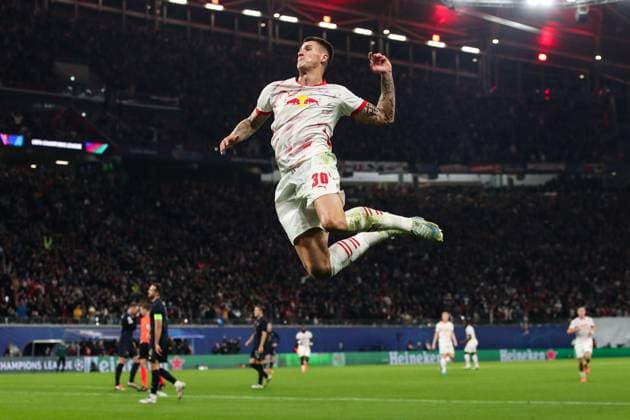 Goal celebration goal scorer Benjamin Sesko RB Leipzig,30 scores to 1 0 Champions League league phase season 2024 2025 RB Leipzig vs Juventus Turin at the Red Bull Arena in Leipzig action,football,Germany,man,men,02 10 2024
