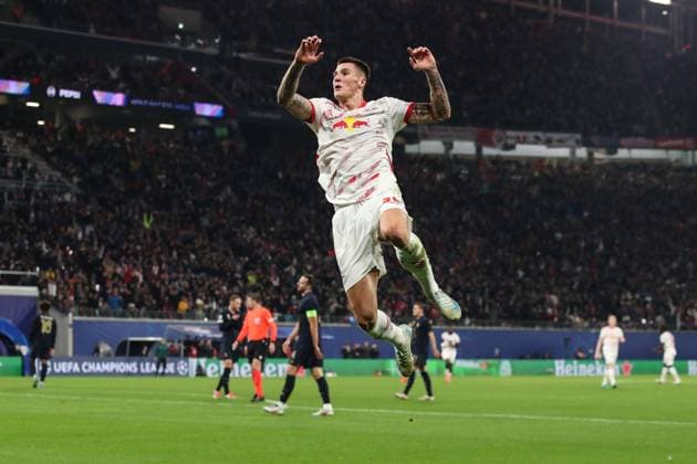 Goal celebration goal scorer Benjamin Sesko RB Leipzig,30 scores to 1 0 Champions League league phase season 2024 2025 RB Leipzig vs Juventus Turin at the Red Bull Arena in Leipzig action,football,Germany,man,men,02 10 2024