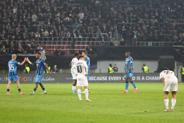 SOCCER - UEFA CL, Sturm vs Brugge KLAGENFURT,AUSTRIA,02.OCT.24 - SOCCER - UEFA Champions League, SK Sturm Graz vs Club Brugge. Image shows the disappointment of Sturm.  GEPAxpictures xChrisxBauer
