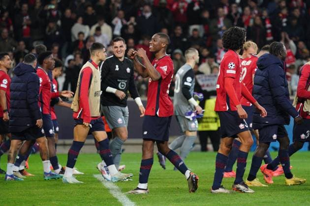 Bafode Diakite of Lille celebrates after his side wins 1-0 Lille v Real Madrid, UEFA Champions League, Group Stage, Football, Pierre Mauroy Stadium, Lille, France, 02 Oct 2024 EDITORIAL USE ONLY No use with unauthorised audio, video, data, fixture lists, club league logos or live services. Online in-match use limited to 120 images, no video emulation. No use in betting, games or single club league player publications. Copyright: xDavexWinter Shutterstockx 14750773cc