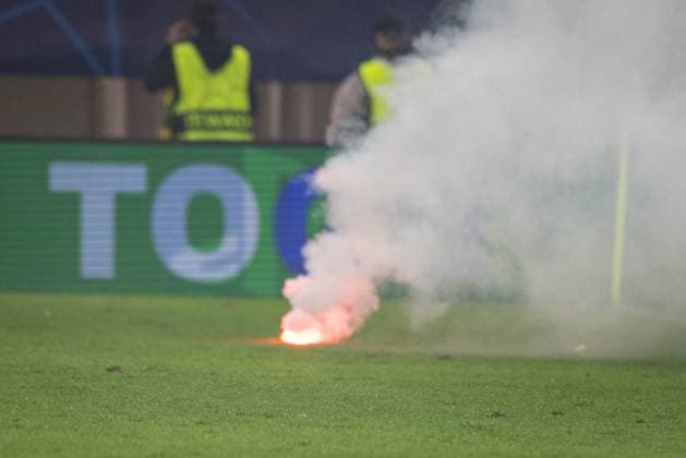 SOCCER - UEFA CL, Sturm vs Brugge KLAGENFURT,AUSTRIA,02.OCT.24 - SOCCER - UEFA Champions League, SK Sturm Graz vs Club Brugge. Image shows a flame on the field. Keywords: pyrotechnics, flames.  GEPAxpictures xMatthiasxTrinkl