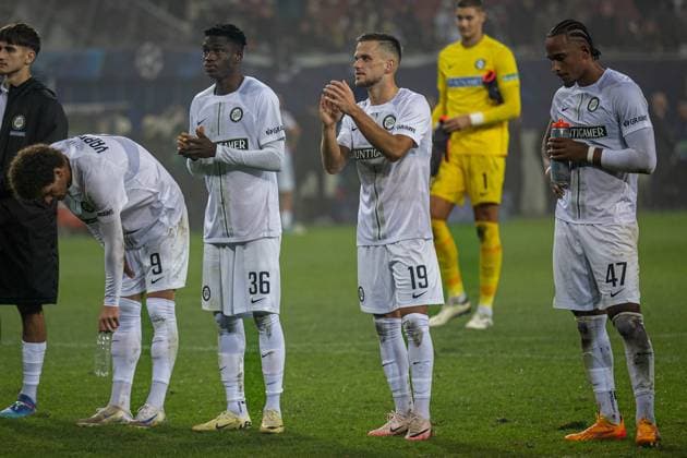 SOCCER - UEFA CL, Sturm vs Brugge KLAGENFURT,AUSTRIA,02.OCT.24 - SOCCER - UEFA Champions League, SK Sturm Graz vs Club Brugge. Image shows Erencan Yardimici, Amady Camara, Tomi Horvat and Emanuel Aiwu (Sturm).  GEPAxpictures xMatthiasxTrinkl