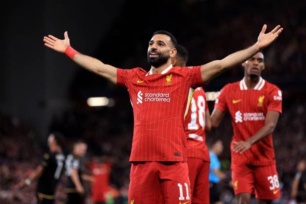 Liverpool gegen Bologna UEFA Champions League 2. Oktober 2024 UEFA Champions League Liverpool FC gegen Bologna FC Mohamed Salah von Liverpool feiert das zweite Tor in Anfield Foto Simon Stacpoole Offside Liverpool UK  Copyright: xSimonxStacpoolexOffside