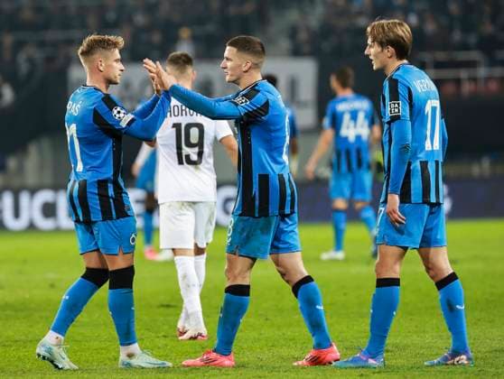 SOCCER - UEFA CL, Sturm vs Brugge KLAGENFURT,AUSTRIA,02.OCT.24 - SOCCER - UEFA Champions League, SK Sturm Graz vs Club Brugge. Image shows Michal Skoras, Christos Tzolis and Romeo Vermant (Club Brügge).  GEPAxpictures xWolfgangxGrebien