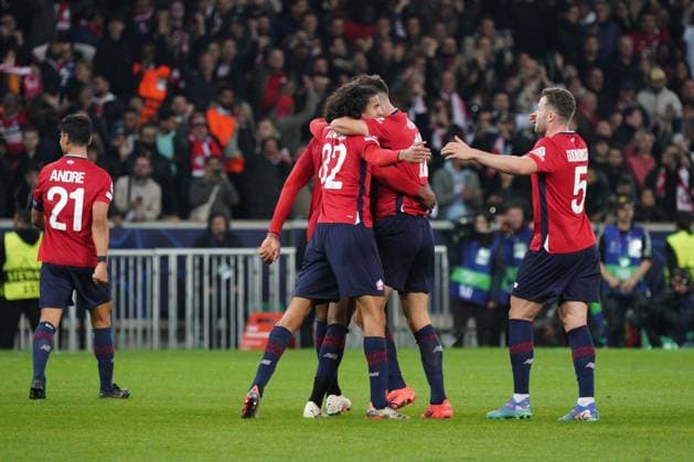 Lille celebrate after beating Real Madrid 1-0 Lille v Real Madrid, UEFA Champions League, Group Stage, Football, Pierre Mauroy Stadium, Lille, France, 02 Oct 2024 EDITORIAL USE ONLY No use with unauthorised audio, video, data, fixture lists, club league logos or live services. Online in-match use limited to 120 images, no video emulation. No use in betting, games or single club league player publications. Copyright: xDavexWinter Shutterstockx 14750773cp
