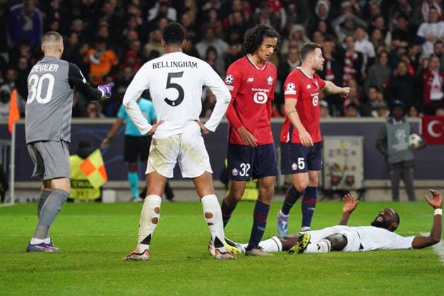 Antonio Rudiger of Real Madrid reacts after a late miss Lille v Real Madrid, UEFA Champions League, Group Stage, Football, Pierre Mauroy Stadium, Lille, France, 02 Oct 2024 EDITORIAL USE ONLY No use with unauthorised audio, video, data, fixture lists, club league logos or live services. Online in-match use limited to 120 images, no video emulation. No use in betting, games or single club league player publications. Copyright: xDavexWinter Shutterstockx 14750773cx