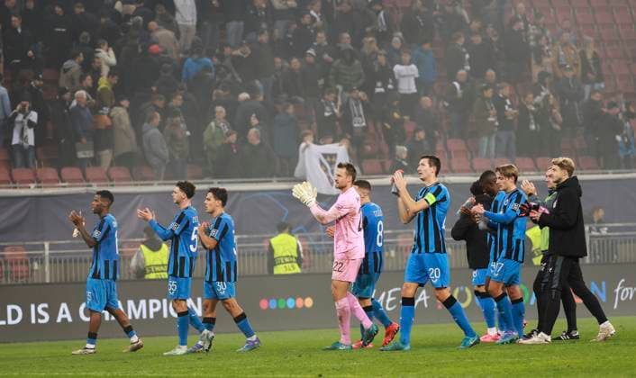 SOCCER - UEFA CL, Sturm vs Brugge KLAGENFURT,AUSTRIA,02.OCT.24 - SOCCER - UEFA Champions League, SK Sturm Graz vs Club Brugge. Image shows the rejoicing of Club Brügge.  GEPAxpictures xWolfgangxGrebien