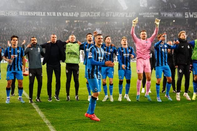Sturm Graz v Club Brugge - UEFA Champions League KLAGENFURT, AUSTRIA - OCTOBER 02 : Tzolis Christos forward of Club Brugge and team mates celebrate the win pictured during the UEFA Champions League phase matchday 2 match between Sturm Graz and Club Brugge at the Worthersee Stadion on October 2, 2024 in Klagenfurt, Austria, 02 10 2024 Klagenfurt Austria  Copyright: xJanxDexMeuleneirx