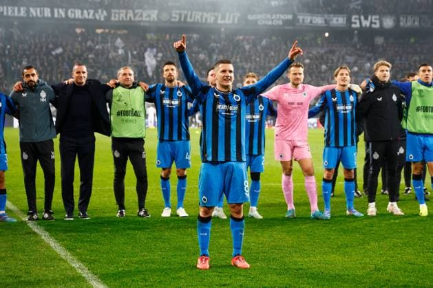 Sturm Graz v Club Brugge - UEFA Champions League KLAGENFURT, AUSTRIA - OCTOBER 02 : Tzolis Christos forward of Club Brugge and team mates celebrate the win pictured during the UEFA Champions League phase matchday 2 match between Sturm Graz and Club Brugge at the Worthersee Stadion on October 2, 2024 in Klagenfurt, Austria, 02 10 2024 Klagenfurt Austria  Copyright: xJanxDexMeuleneirx