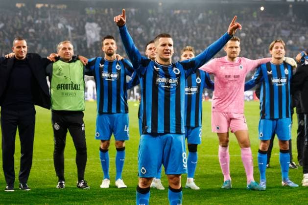 Sturm Graz v Club Brugge - UEFA Champions League KLAGENFURT, AUSTRIA - OCTOBER 02 : Tzolis Christos forward of Club Brugge and team mates celebrate the win pictured during the UEFA Champions League phase matchday 2 match between Sturm Graz and Club Brugge at the Worthersee Stadion on October 2, 2024 in Klagenfurt, Austria, 02 10 2024 Klagenfurt Austria  Copyright: xJanxDexMeuleneirx
